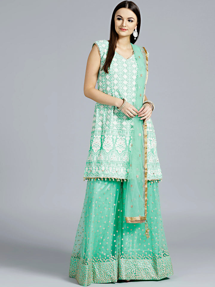 Chhabra 555 Green Resham and Zari Embroidered Stitched Sharara Kurta Set With Net Dupatta