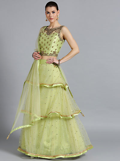 Chhabra 555 Green Net Crop top Made-To-Measure Lehenga With Pearl, Sequin, Cut-dana embellishments
