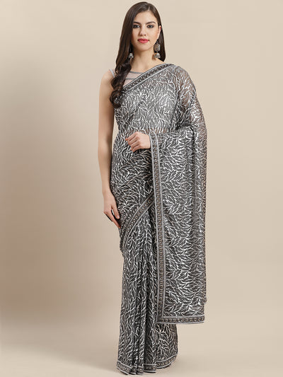 Chhabra 555 Lycra blend saree with silver Zari leaf motifs and beads stones