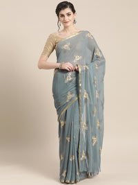 Chhabra 555 Chiffon Resham Embroidered Saree with Zari Woven Satin border and crystals