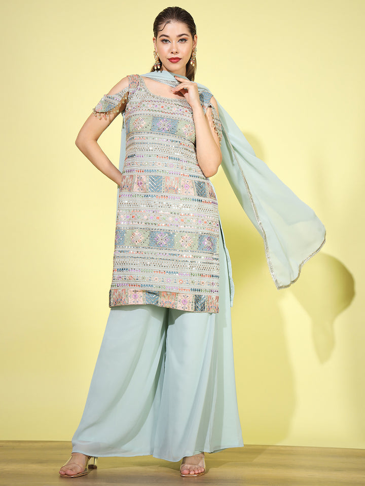 Chhabra 555 Made to Measure Sea Green Kurta Palazzo Suit Set Embellished With Heavy Multi Color Resham & Zari Embroidery