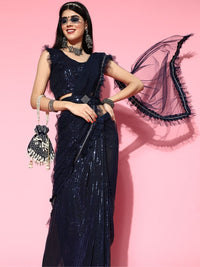 Chhabra 555 Pre-Draped Frills & Ruffles Sequence Belted Tulle Saree with Pleats
