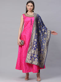 Made to Measure Bright Pink Woven Anarkali Set with Contrast Banarasi Dupatta