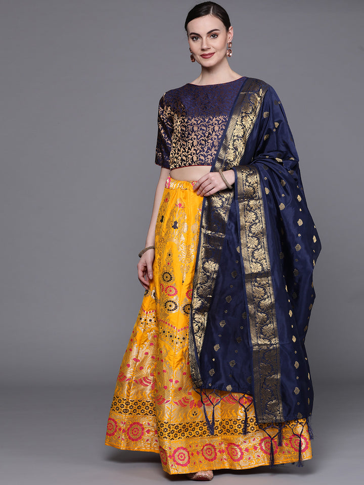 Banarasi Semi-stitched Lehenga Set with Peacock Motifs