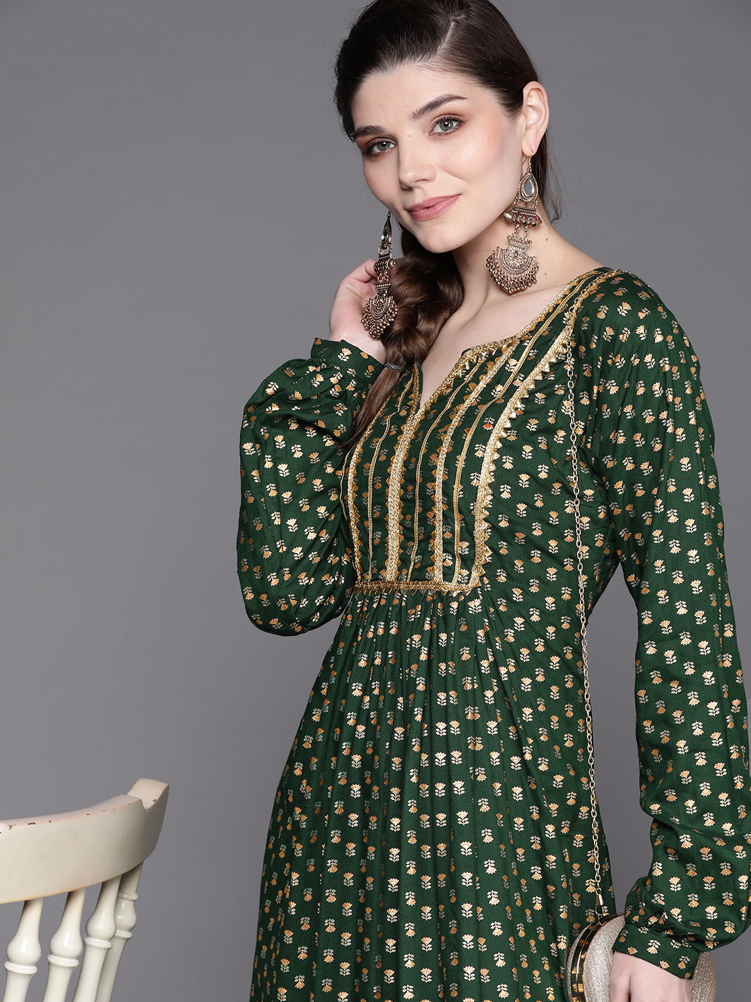 gota dress design MBJO4846 Foil Print with Floral motif & Patti Neckline – Chhabra 555 A-Line Satin Dark Red colourway-mackenna Patti dress Perfect for weddings and Color:EGG PLANT