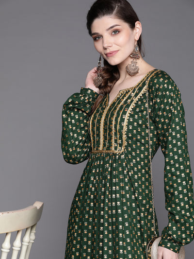 Chhabra 555 Made to Measure Bottle Green Foil Print Dress with Floral motifs & Gota Patti Neckline