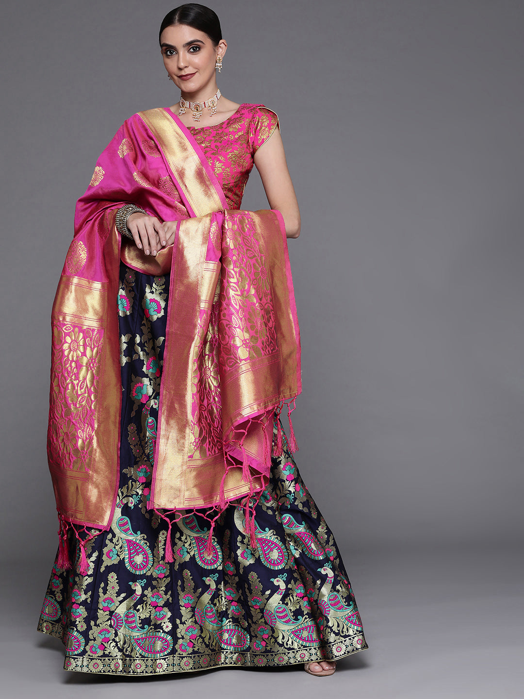 Chhabra 555 Blue & Pink Semi Stitched Banarasi Brocade Silk Lehenga Choli with Zari & Resham Weaving
