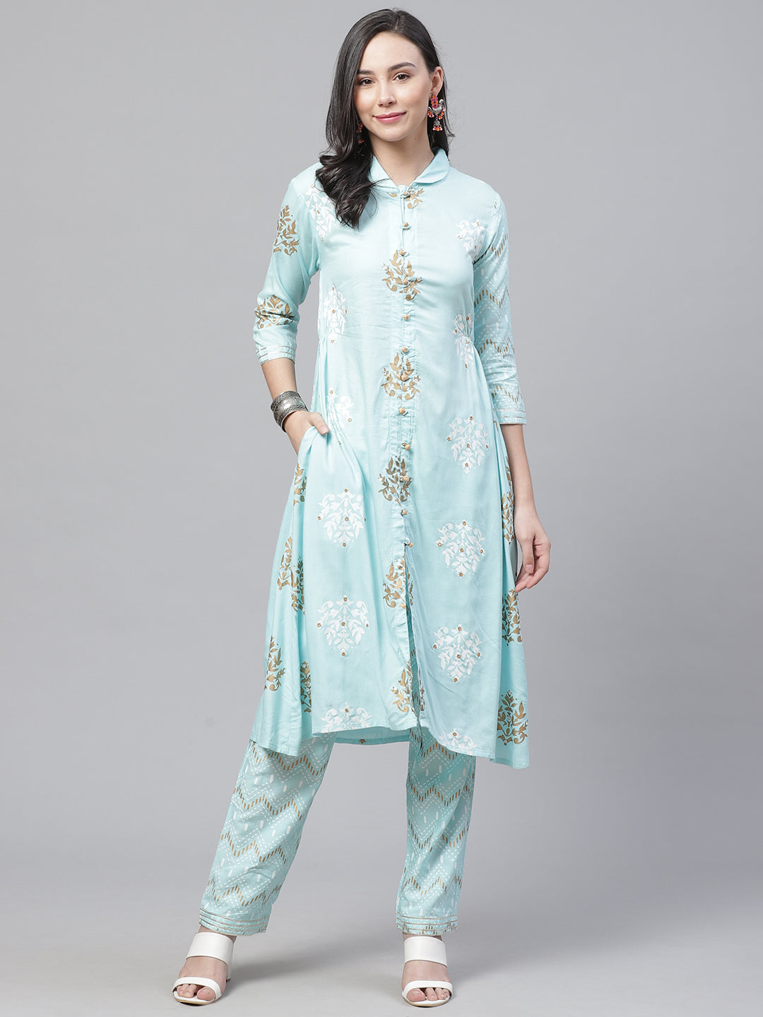 Made to Measure  Kurta Pants Set With Ethnic Gold Block Printing & Mirror Embellishments