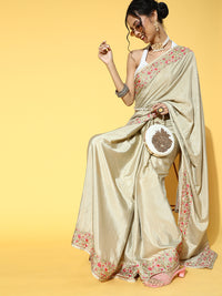 Chhabra 555 Olive Green Crepe Sequin Embellish Saree with Resham Parsi Embroidery