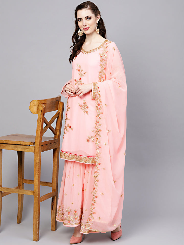 Made-to-Measure Embellished Georgette Kurta Sharara Set with Resham Zari Embroidery