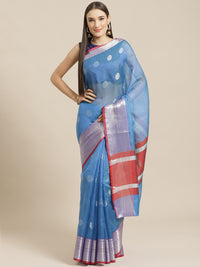 Chanderi Silk Kota saree with striped Zari weaving, Paisley motifs & Contrast Border