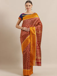 Chhabra 555 Ikat Inspired Maroon Bhagalpuri Silk Digital Print Saree with Colorblock Mustard Border