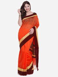 Orange Handloom Cotton Silk Saree with Contrast Gold Red Border and Tasseled edges