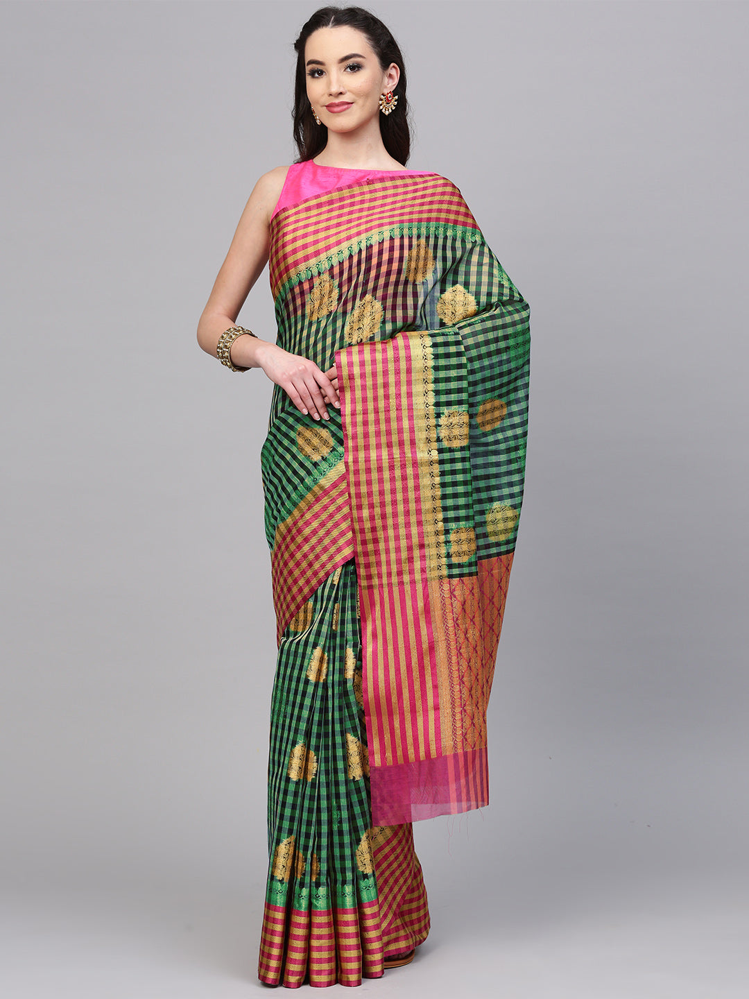 Green PInk Chanderi Silk saree with checkered print and Zari handloom motifs