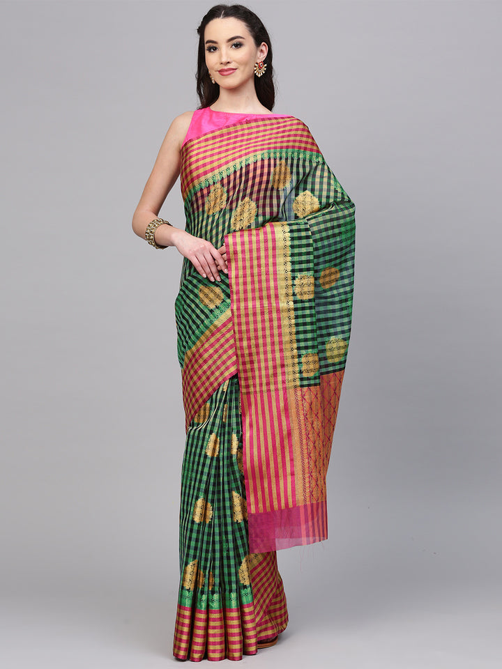 Green PInk Chanderi Silk saree with checkered print and Zari handloom motifs