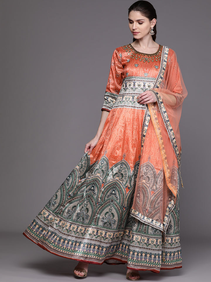Embellished Gown and Dupatta with Bohemian Tribal Inspired print