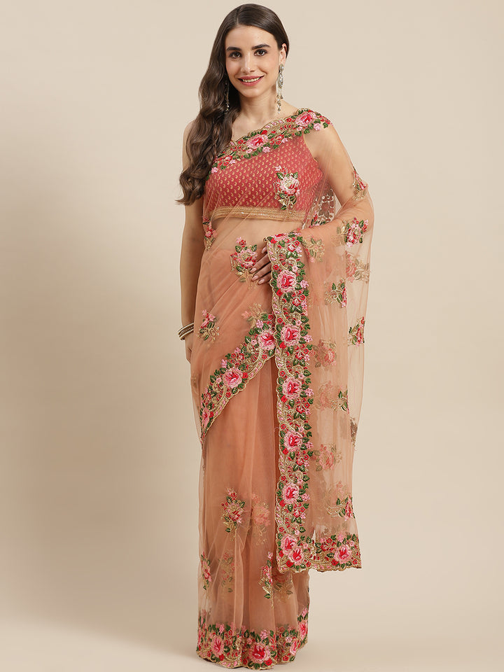 Chhabra 555 Net Floral Zari & Resham Embroidered Saree Embellished With Stone Work

Color: Pink

Type: NA Sarees

Pattern: Embroidered

Pattern Type: Floral

Ornamentation: Zari

Border: Embroidered

Fabric: Net

Saree length: 5.50 mtr., Width: 1.10 mtr, Blouse length: 0.70 mtr
Dry Clean

The CAD image gives a detailed look of the actual blouse piece that comes with this saree. The blouse used by the model in the pictures is only for styling purpose.