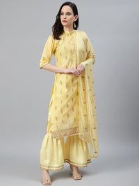 Lemon Chanderi Silk Suit Set With Gold Aari Embroidery & Embellished Dupatta