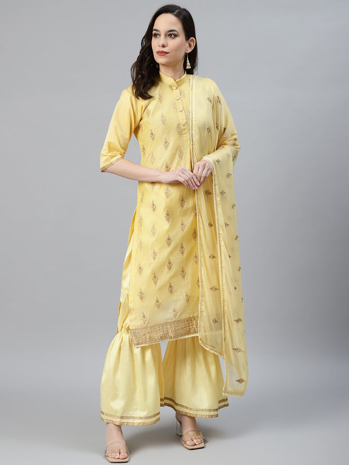 Lemon Chanderi Silk Suit Set With Gold Aari Embroidery & Embellished Dupatta