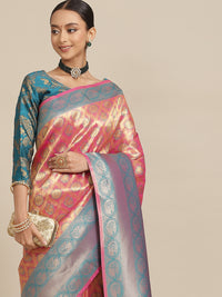 Chhabra 555 Fuchsia & Teal Gold Zari Embellished Peacock Motifs Banarasi Silk Saree with Tassels 