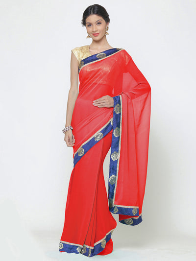 Chhabra 555 Red Georgette Saree With Contrast Blue Floral Woven border and blouse