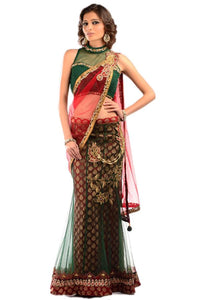 Brown & Green Embroidered With Stone Work Net Lehenga Saree