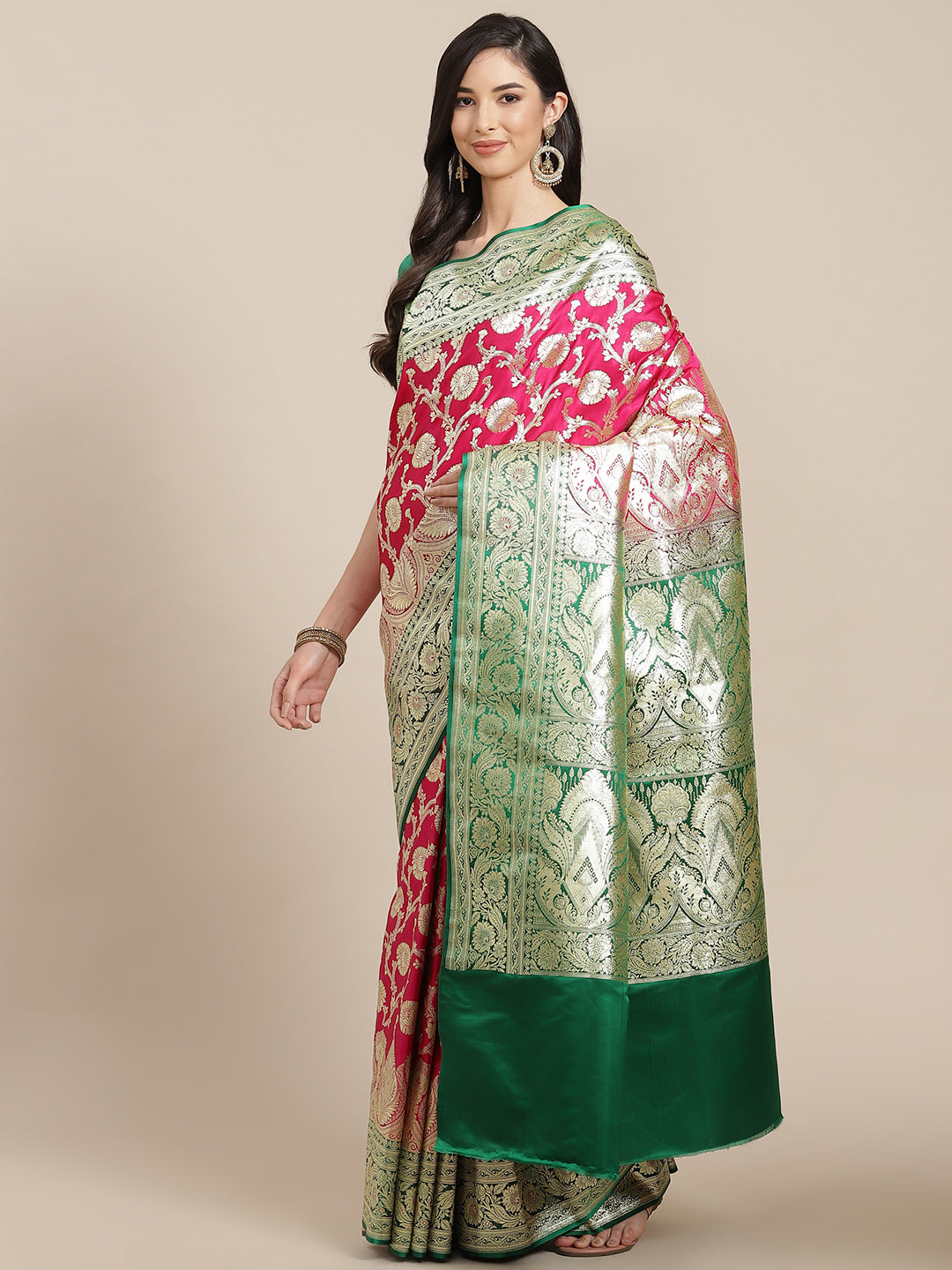 Chhabra 555 Magenta Kanjiwaram Wedding Silk Saree With Zari  Floral Zaal Weaving Contrast Blouse