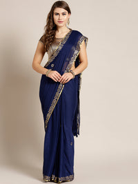 Chhabra 555 Navy Blue Chiffon Hand-dyed saree with Gota patti embroidered border
