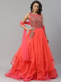 Made to Measure Coral Dyed Ruffled Gown Embellished With  Stone Work And Net Dupatta