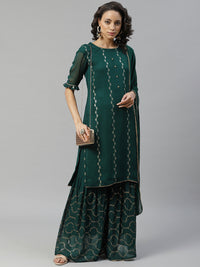 Made to Measure Bottle Green Sequence & Gota-Patti Work Kurta, Unstitched Sharara Set with Chiffon Dupatta