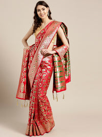 Chhabra 555 Red Banarasi Handloom Silk Saree with Floral Meenakari pattern and Banarasi Dupatta
