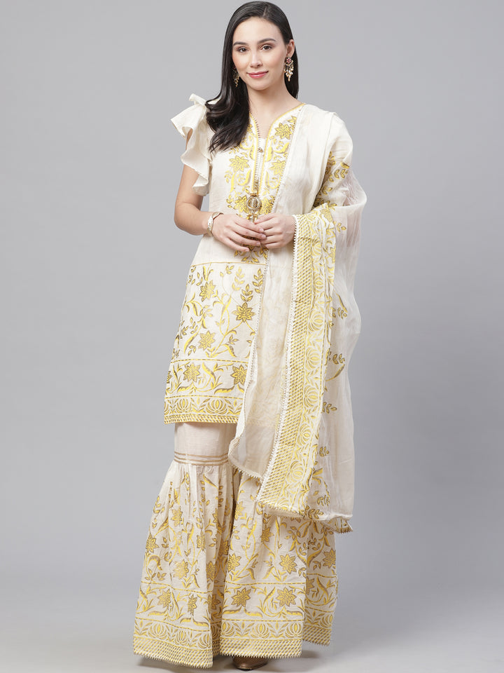 Pure Cotton Cambric Block Printing Stitched Suit with Gotta-Patti Embroidery & Sharara