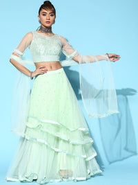 Made to Measure Pastel Mirror Embellish Barbie Style Net Lehenga Set with Ruffle & Frill