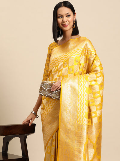 Chhabra 555 Haldi Yellow Gharchola Checked  Gold Zari Handloom Banarasi Traditional Silk Saree