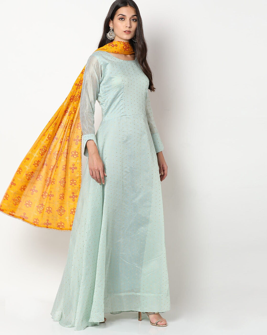 Chhabra 555 Made to Measure Gold Foil Embellished Floor Length Anarkali Gown with Printed Dupatta