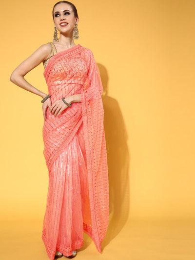 Chhabra 555 Pink Sequence Embellished Striped Pattern Net Saree with Pleated Border