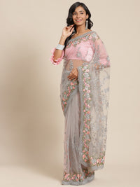 Grey Net Resham Embroidered Saree with Scalloped Zari border