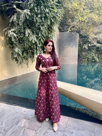 Burgundy Banarasi Brocade Anarkali Gown with Golden Crystal Buttons