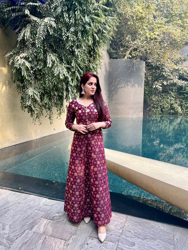 Burgundy Banarasi Brocade Anarkali Gown with Golden Crystal Buttons