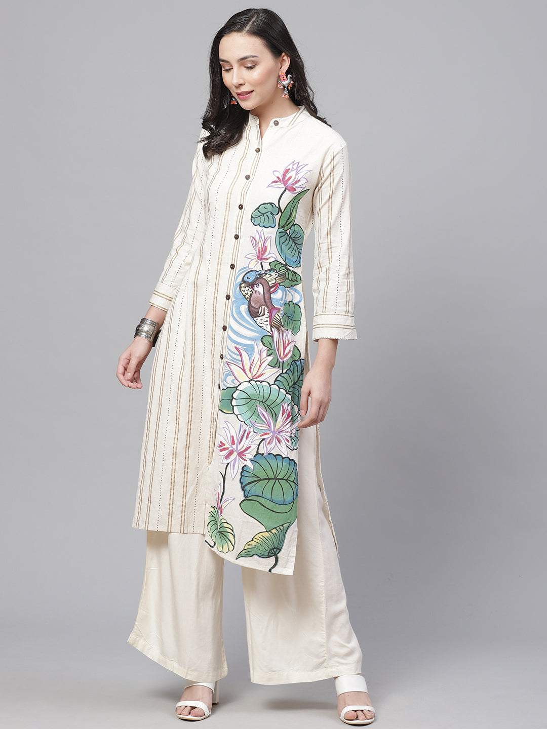 Hand Painted Jute Cotton Kurta Pallazo Set with Stylised Sleeve and striped pattern