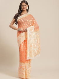 Chhabra 555 Orange & White Embellished Cotton Silk Traditional Brocade Saree with handloom weaving