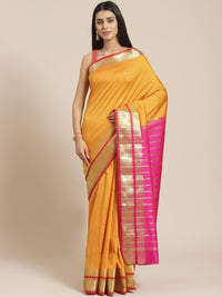Kanjiwaram Dupion Silk Saree with Ethnic Weaving Broad Peacock Border and Contrast Pallu