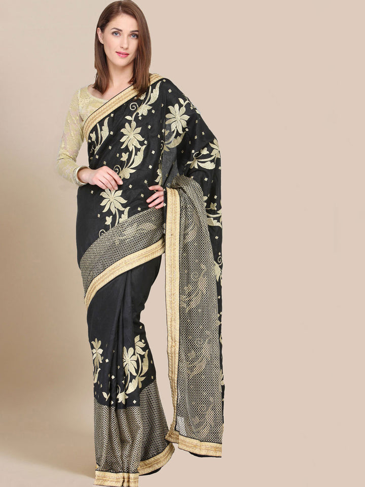 Black & Gold Embroidered Art Silk Party Wear Saree