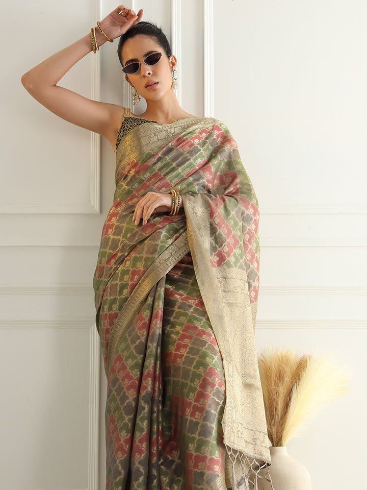 Chhabra 555 Banarasi Chanderi Saree with Multi Color Ombre style Resham Motifs