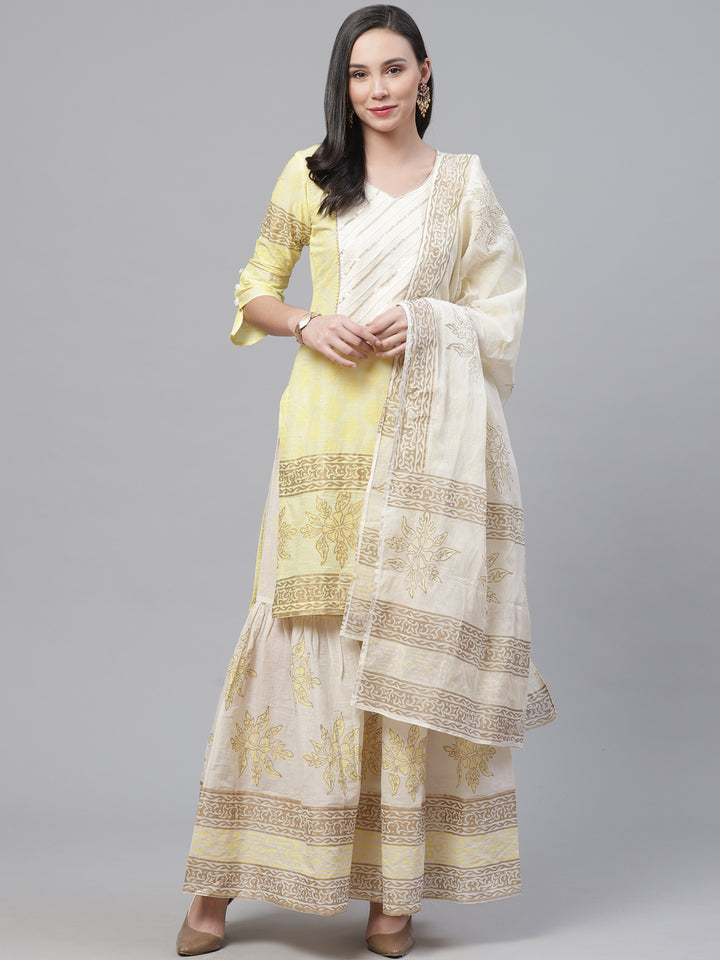 Pure Cotton Cambric Block Printing Stitched Suit with Gotta-Patti Embroidery & Sharara