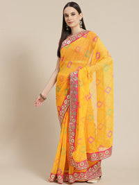Chhabra 555 Yellow Bandhani Print Georgette Saree with Multicolor Gota Patti Embroidery

Color: Yellow

Type: Bandhani Sarees

Pattern: Embroidered

Pattern Type: Bandhani

Ornamentation: Gotta Patti

Border: Embellished

Fabric: Georgette

Saree length: 5.40 mtr., Width: 1.10 mtr, Blouse length: 0.75 mtr
Dry Clean only

The CAD image gives a detailed look of the actual blouse piece that comes with this saree. The blouse used by the model in the pictures is only for styling purpose.