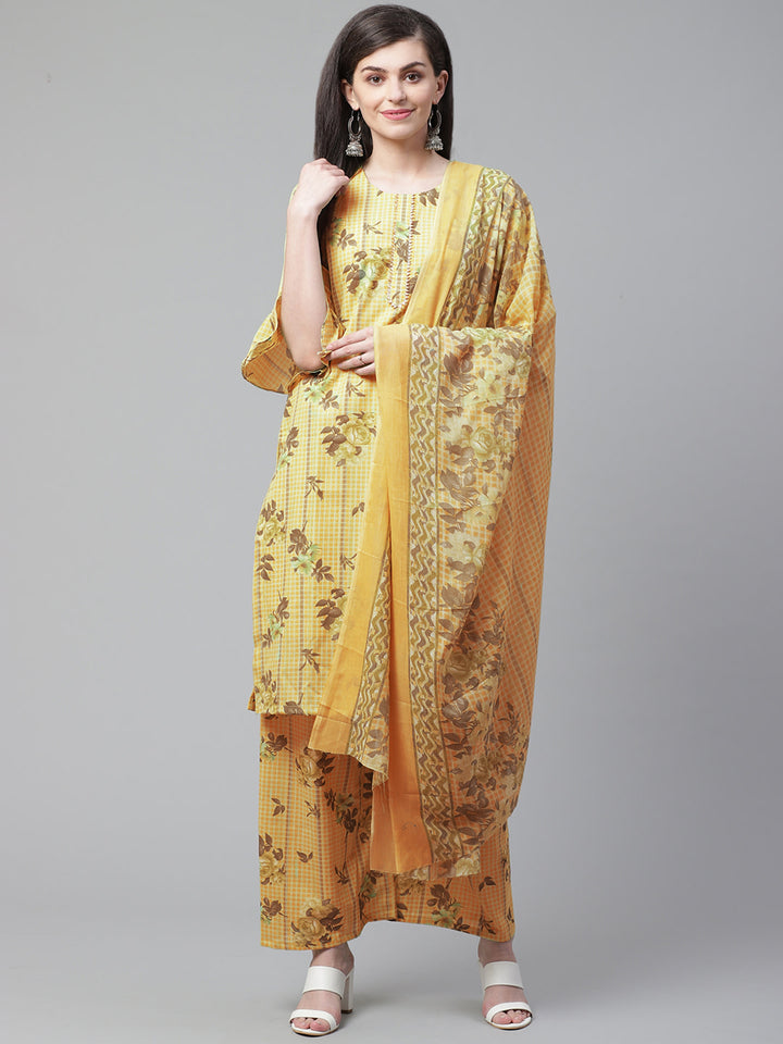 Pastel Cotton Kurta Pallazo Set with Floral Print and Bell Sleeves