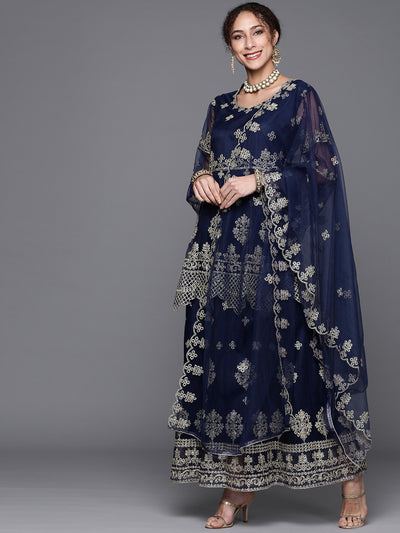 Chhabra 555 Semi-Stitched Blue Zari Embellished Floor Length Ruffled Net Gown With Dupatta