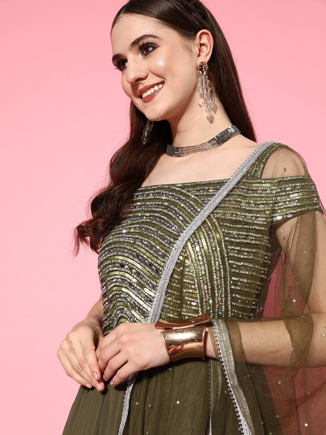 Chhabra 555 Made to Measure Mirror Work Embellished Pleated Georgette Gown with Sequinned Dupatta