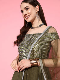 Chhabra 555 Made to Measure Mirror Work Embellished Pleated Georgette Gown with Sequinned Dupatta